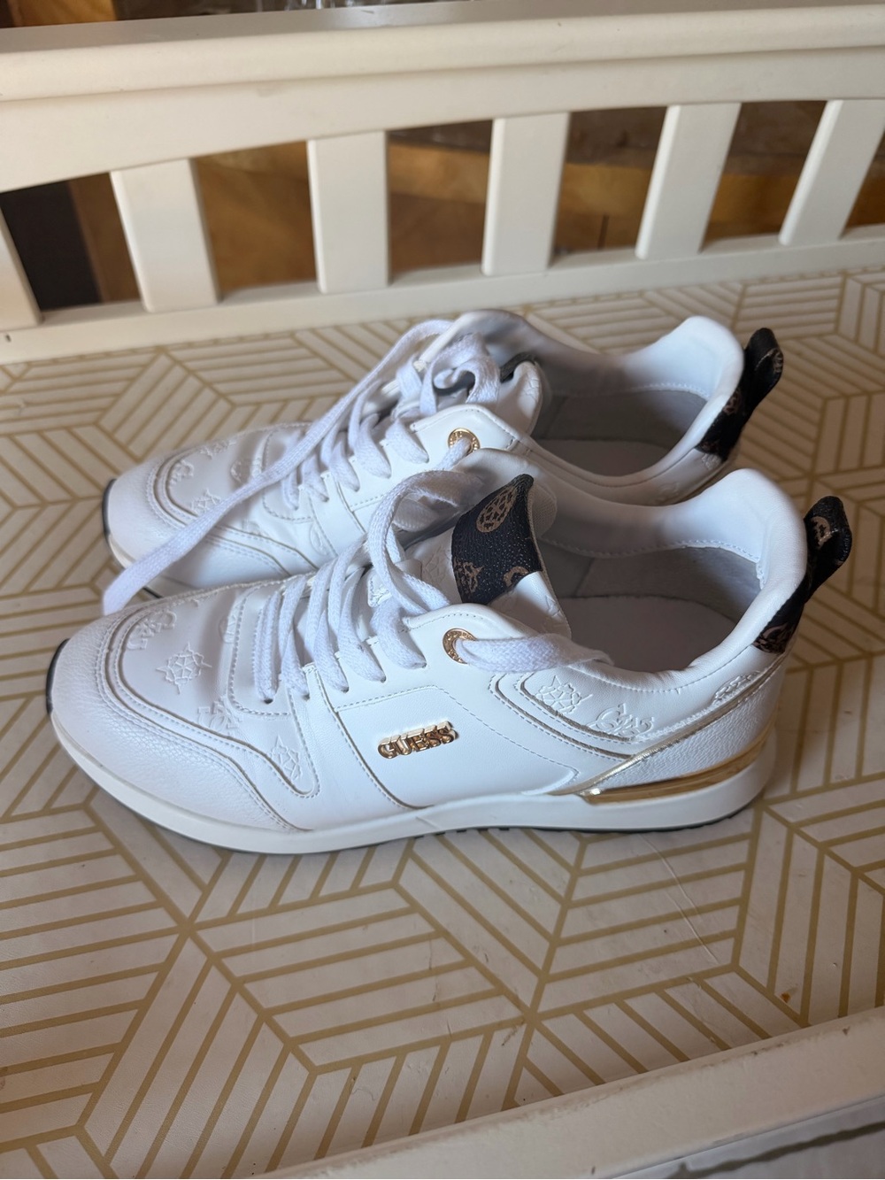 White and Gold Low-Top Sneakers - Fashion Casual Men’s or womens Shoes